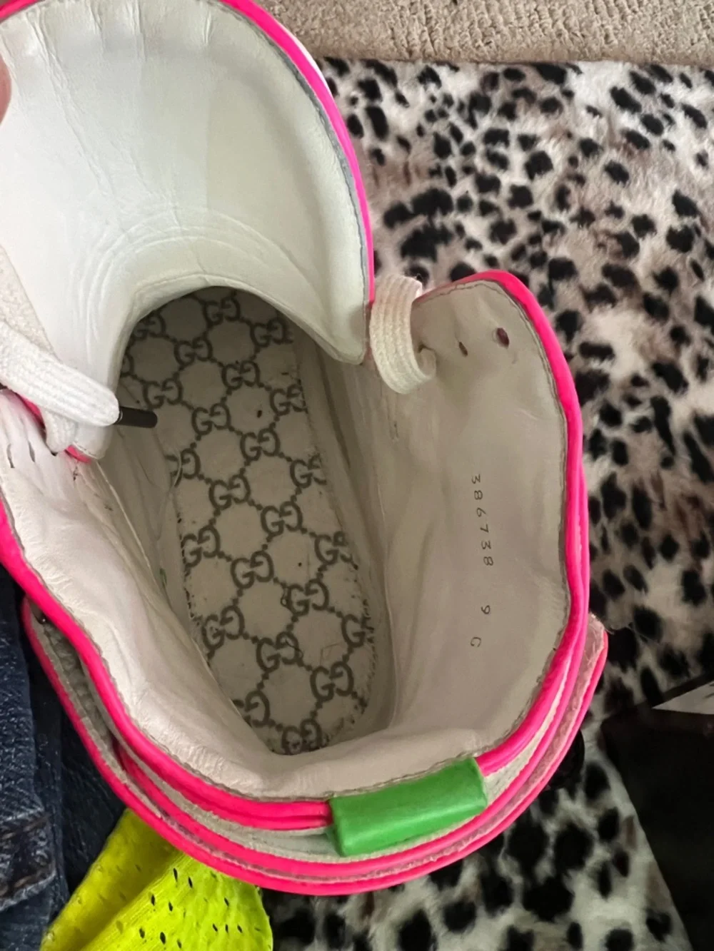 Gucci White Leather Sneakers with Neon Pink & Neon Green Accents - Picture 6 of 7